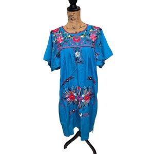 La Chaparrita Mexican Puebla Dress Floral Embroidered Blue 2XL‎ Vtg 70s Peasant